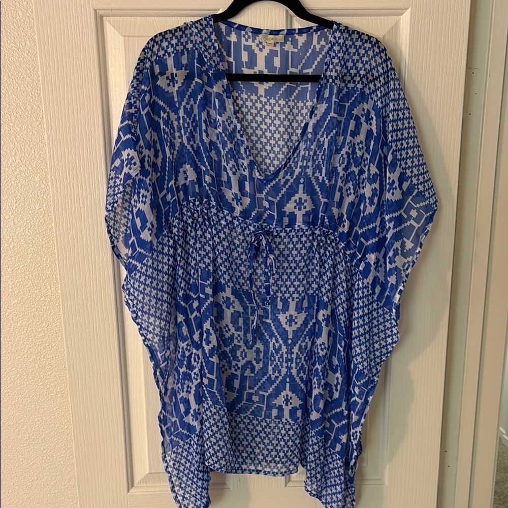 Blue and White Geometric Swim Coverup with V-Neck